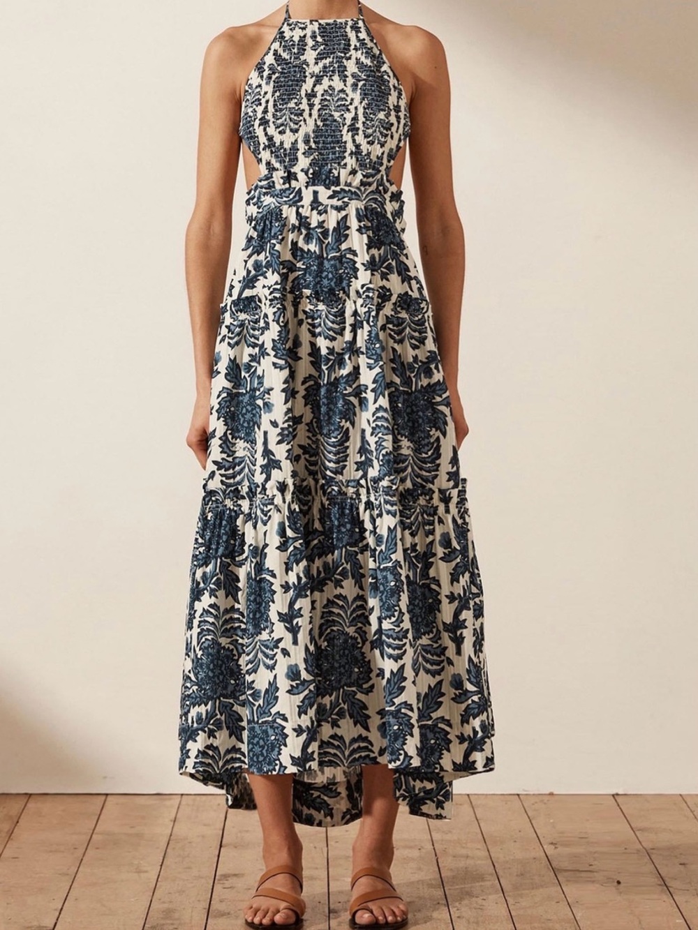 Shona Joy Cream Maxi Dress with Navy Floral Print